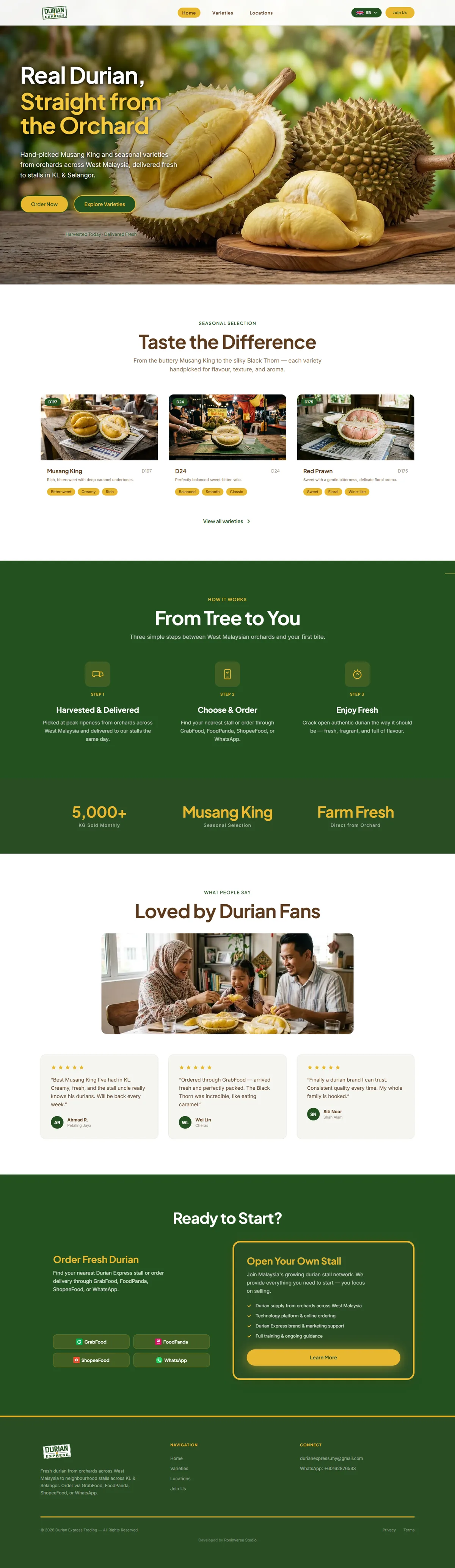 Durian delivery online shop, desktop view
